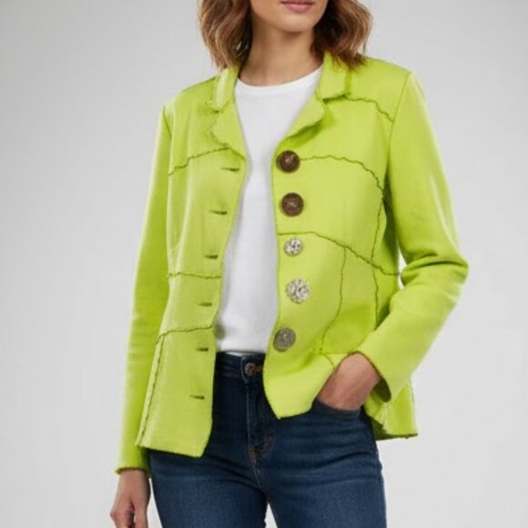 neon buddha Jackets & Blazers - Neon Buddha Jacket Womens Small Green Asymmetrical Button Blazer Artsy